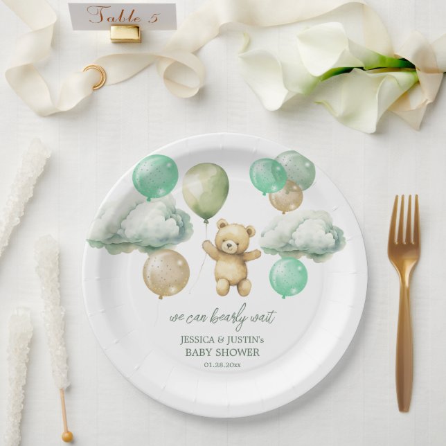 Assiettes En Carton Ballons Ours Teddy Baby shower Ciel Vert (Mariage)