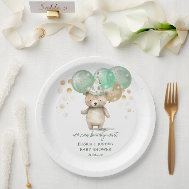 Assiettes En Carton Ballons Ours Teddy Baby shower Or Vert (Mariage)