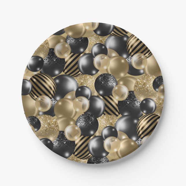 Assiettes En Carton Balloon d'or noir moderne 50e anniversaire (Devant)