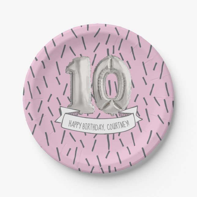 Assiettes En Carton Balloon rose et gris Filles 10e anniversaire (Devant)