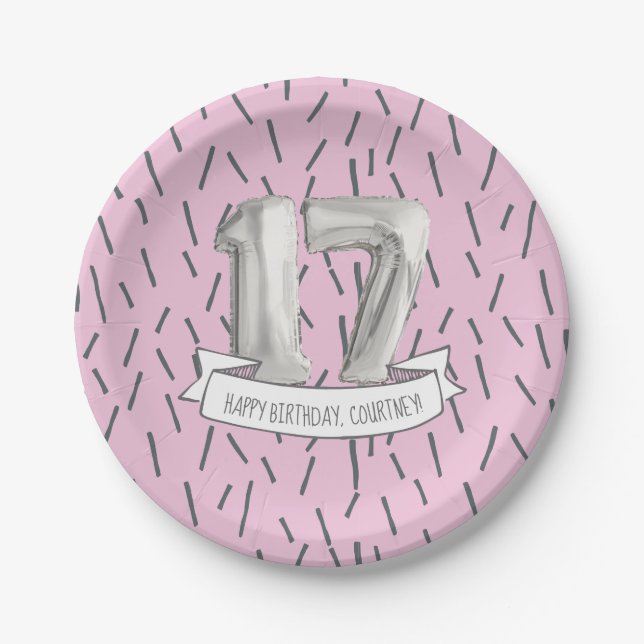 Assiettes En Carton Balloon rose et gris Filles 17ème anniversaire (Devant)