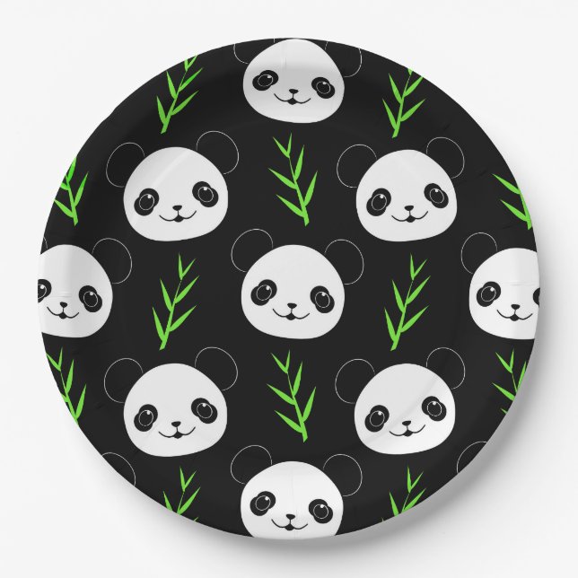 Assiettes En Carton Bambou Motif Kawaii Panda En Blanc Noir (Devant)