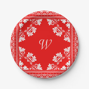 Assiettes En Carton Bandana rouge et blanche avec Monogramme