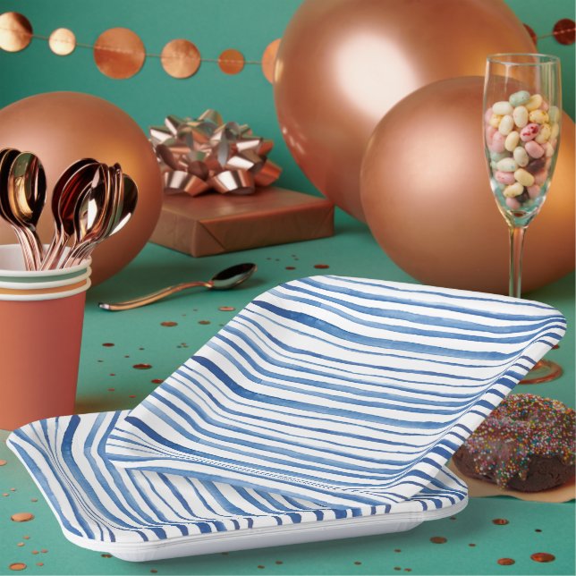 Assiettes En Carton Bande d'aquarelle bleu indigo shibori japonais (Multi)