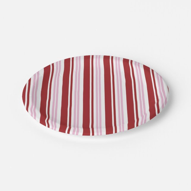 Assiettes En Carton Bande de menthe rose et rouge (Angle)