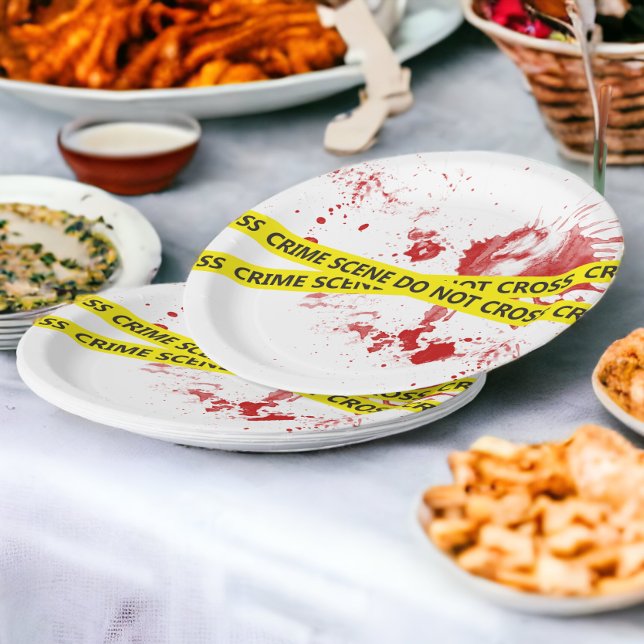 Assiettes En Carton Bande de scène de crime policier (Police Crime Scene Tape paper plates with blood splatters from Ricaso)