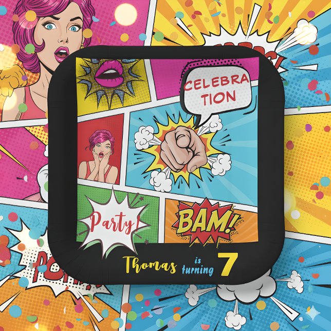 Assiettes En Carton Bande dessinée pop art anniversaire (Créateur téléchargé)