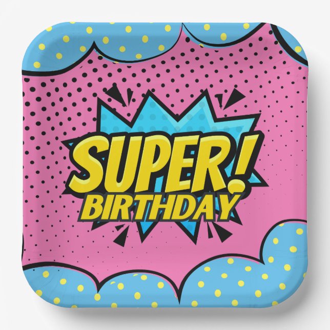 Assiettes En Carton Bande dessinée super-héros fille anniversaire (Recto)