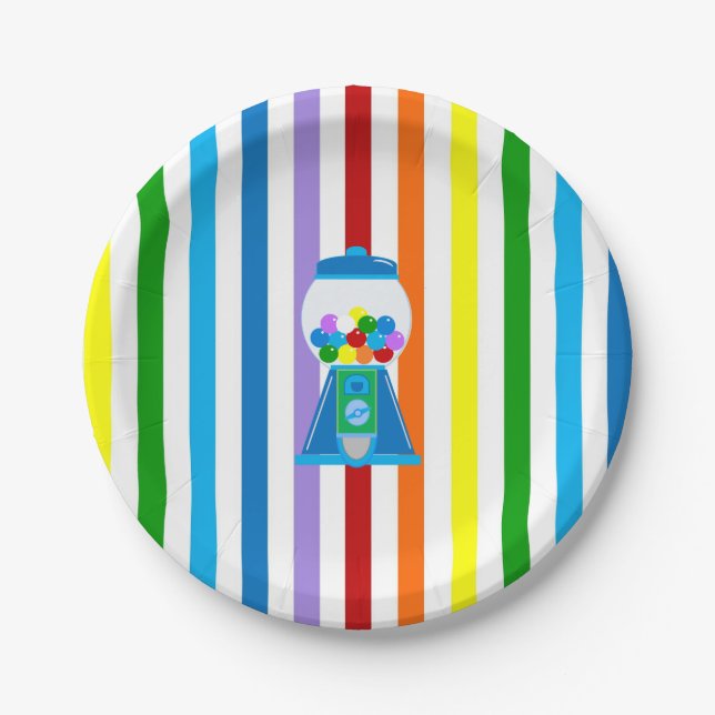 Assiettes En Carton Bandes arc-en-ciel avec gumball bleu (Devant)
