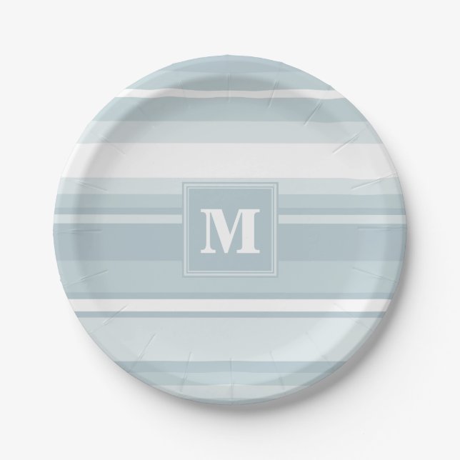 Assiettes En Carton Bandes bleu glace monogramme (Devant)
