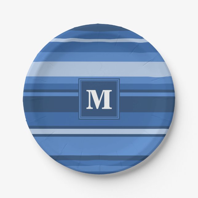Assiettes En Carton Bandes bleu monogramme (Devant)