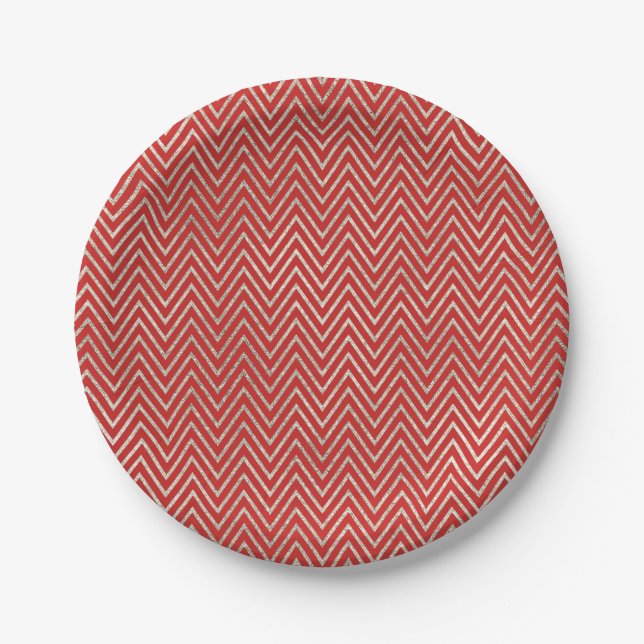 Assiettes En Carton Bandes Chevron Argent Rouge (Devant)