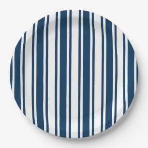 Assiettes En Carton Bandes de bonbons bleu et blanc marine