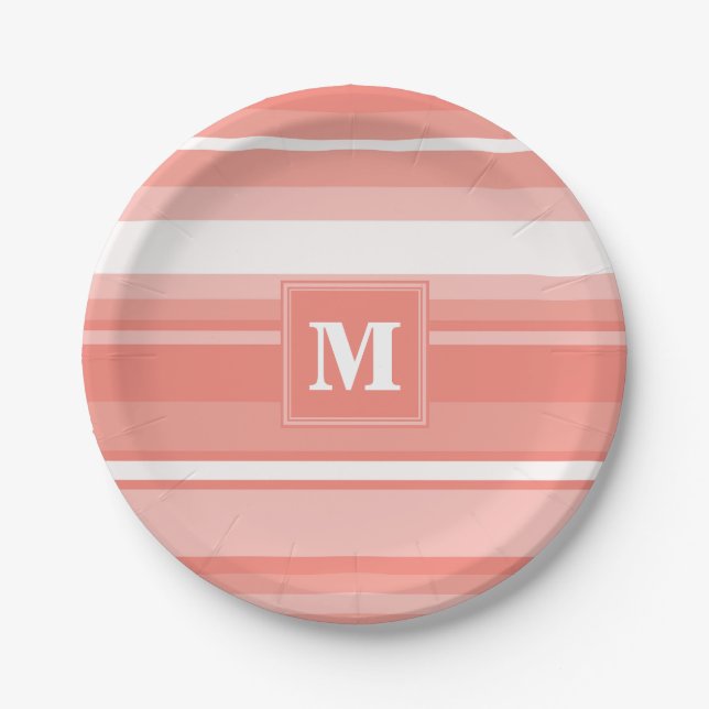 Assiettes En Carton Bandes de corail monogramme (Devant)
