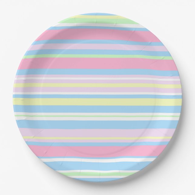 Assiettes En Carton Bandes de couleurs pastel (Devant)