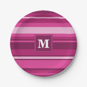 Assiettes En Carton Bandes de monogramme fuchsia