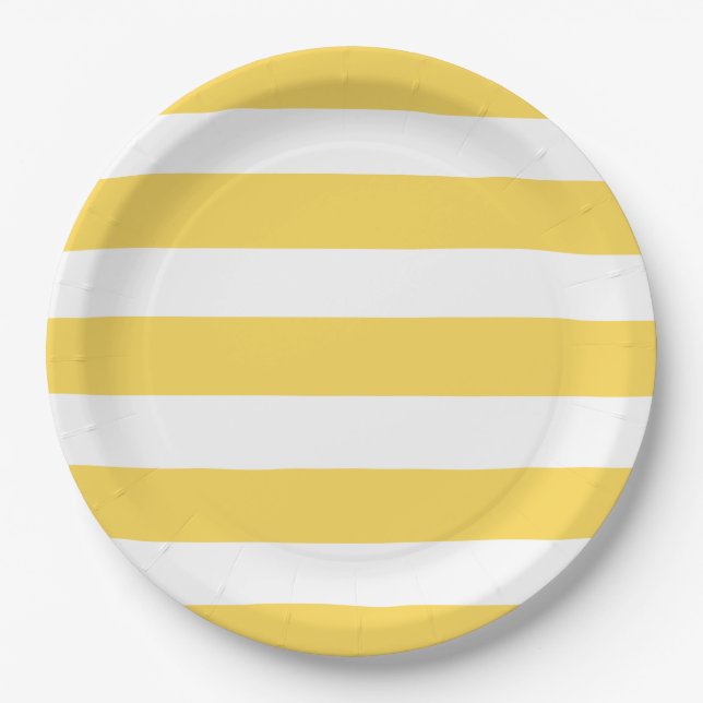 Assiettes En Carton Bandes de transats jaunes et blancs  (Devant)