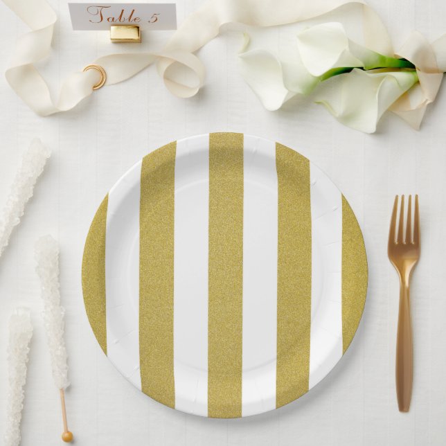 Assiettes En Carton Bandes d'or, Blancs, Motif rayé (Mariage)