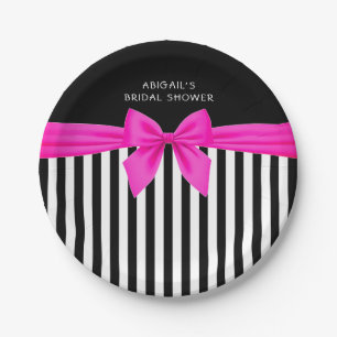 Assiettes En Carton Bandes noires et blanches avec arc en satin rose c