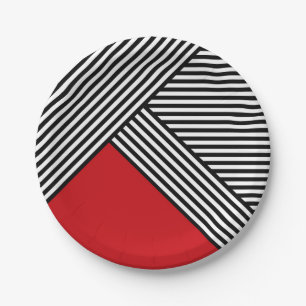 Assiettes En Carton Bandes noires et blanches avec triangle rouge