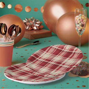 Assiettes En Carton Bandes Plaid Crème Rouge