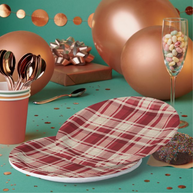 Assiettes En Carton Bandes Plaid Crème Rouge (Multi)