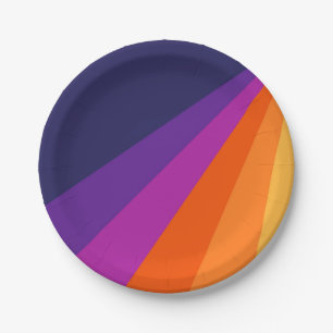 Assiettes En Carton Bandes rétro en diagonale violette et orange
