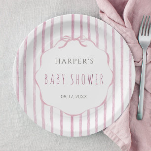 Assiettes En Carton Bandes roses avec cadre festonné pour Baby Shower