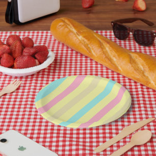 Assiettes En Carton Bandes roses, bleues et marron sur le jaune