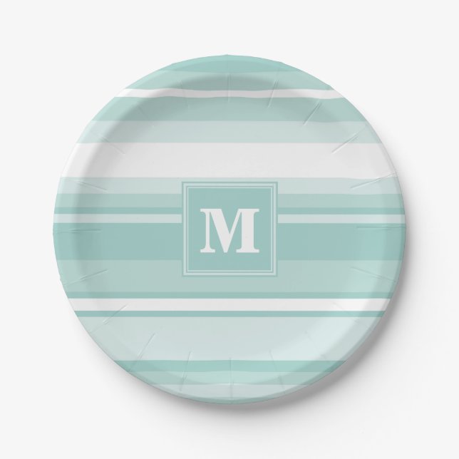 Assiettes En Carton Bandes vertes de menthe monogramme (Devant)