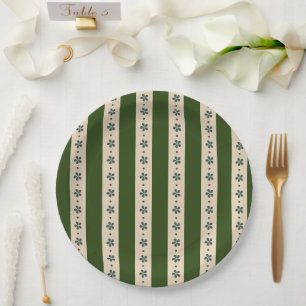 Assiettes En Carton Bandes Vertes Et Crème Et Fleurs