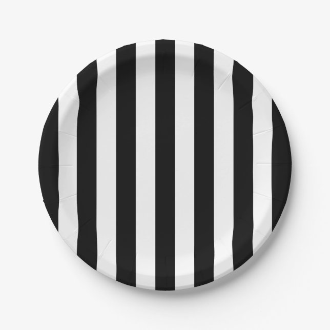 Assiettes En Carton Bandes Verticales Chic Noir Et Blanc Gratté (Devant)