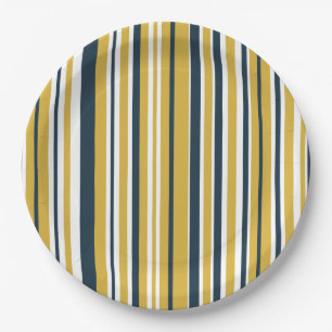Assiettes En Carton Bandes Verticales Moutarde Jaune, Bleu Marine, Bla