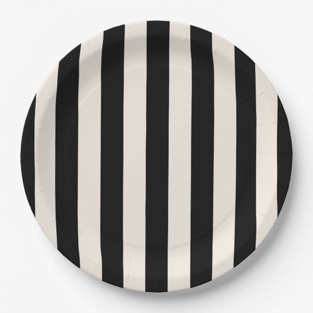 Assiettes En Carton Bandes Verticales Noir Et Crème Blanc Gratté (Devant)