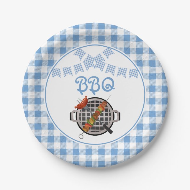 Assiettes En Carton Bannière BBQ BBQ Bleu Plaid (Devant)