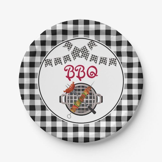 Assiettes En Carton Bannière BBQ Noir et Blanc Plaid (Devant)