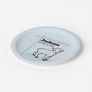 Assiettes En Carton Baptême Agneau Garçon Bleu, Personnalisable