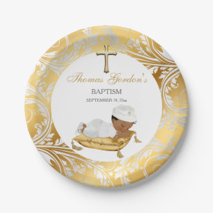 Assiettes En Carton Baptême bébé garçon Ethnique Or Argent