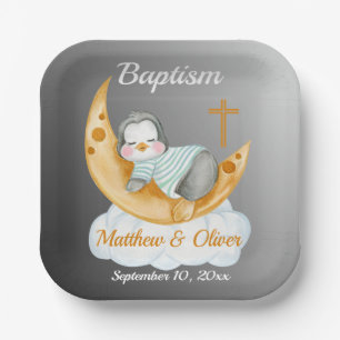 Assiettes En Carton Baptême Bébé Pingouin Et Lune