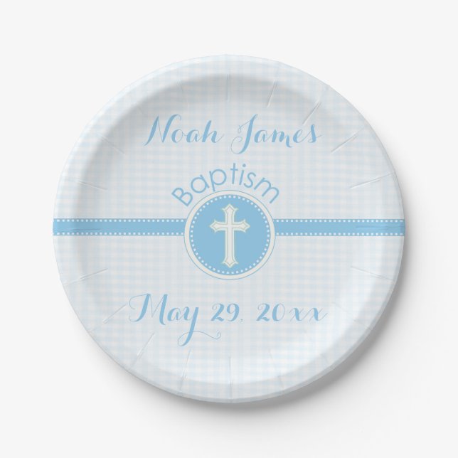 Assiettes En Carton Baptême Bleu Enfant de Dieu, personnalisable (Devant)