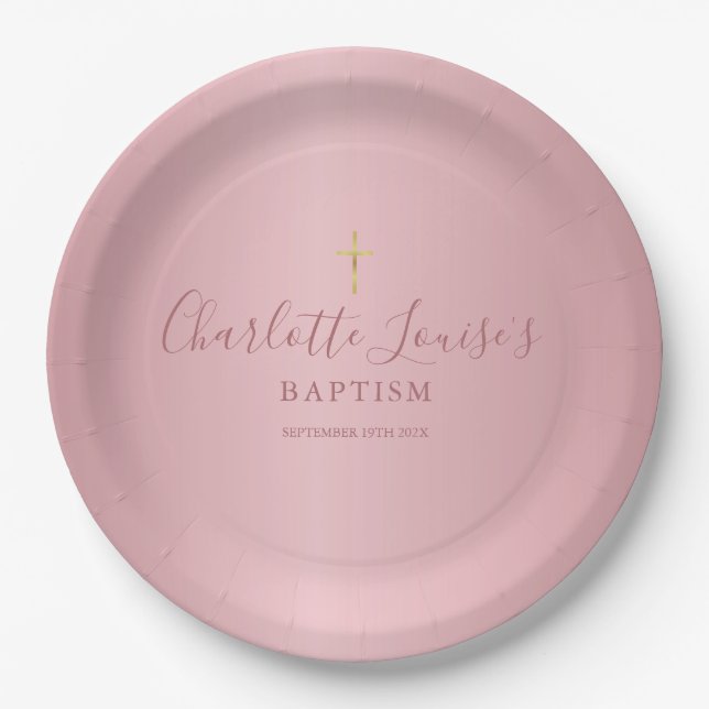 Assiettes En Carton Baptême Christening Élégant Rose Gold Script (Devant)