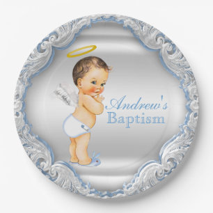Assiettes En Carton Baptême d'ange garcon argent et bleu