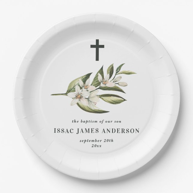 Assiettes En Carton Baptême de baptême floraison blanche (Devant)