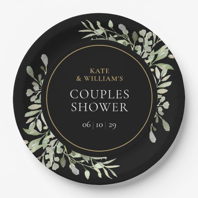 Assiettes En Carton Baptême de couple Black Gold Aquarelle Verdure (Devant)