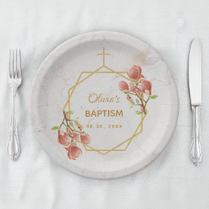 Assiettes En Carton Baptême de fille Marbre Or Rose Magnolia Géométriq