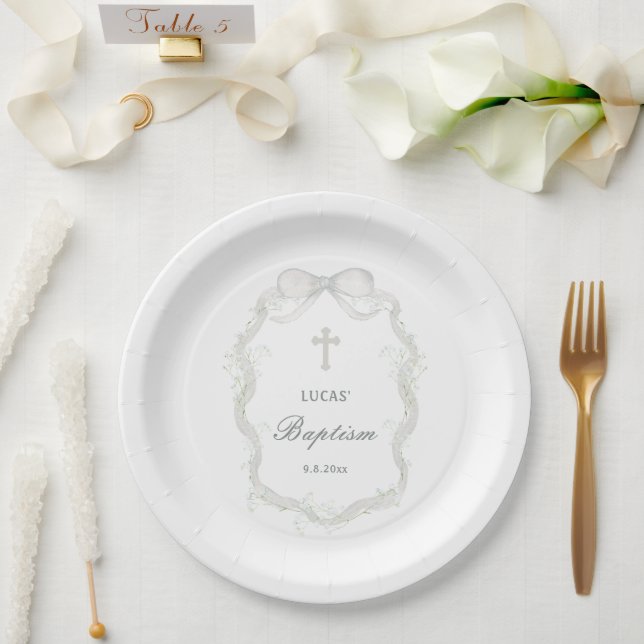 Assiettes En Carton Baptême de l'haleine du bébé au ruban blanc (Mariage)