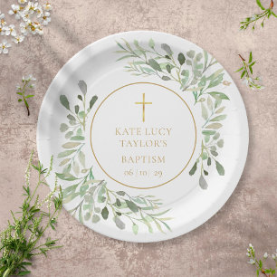 Assiettes En Carton Baptême de verdure aquarelle   Christening