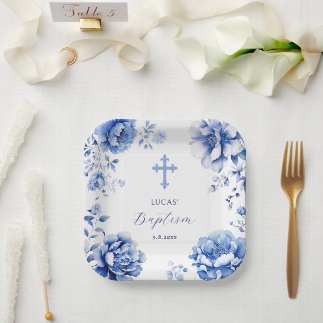 Assiettes En Carton Baptême des fleurs bleues (Mariage)