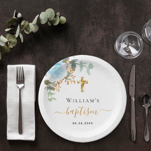 Assiettes En Carton Baptême eucalyptus vert bleu garçon fleuri