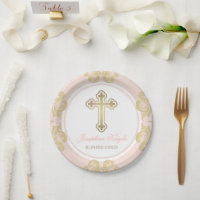 Baptême Fille Élégant Croix Dorée Damassé Rose